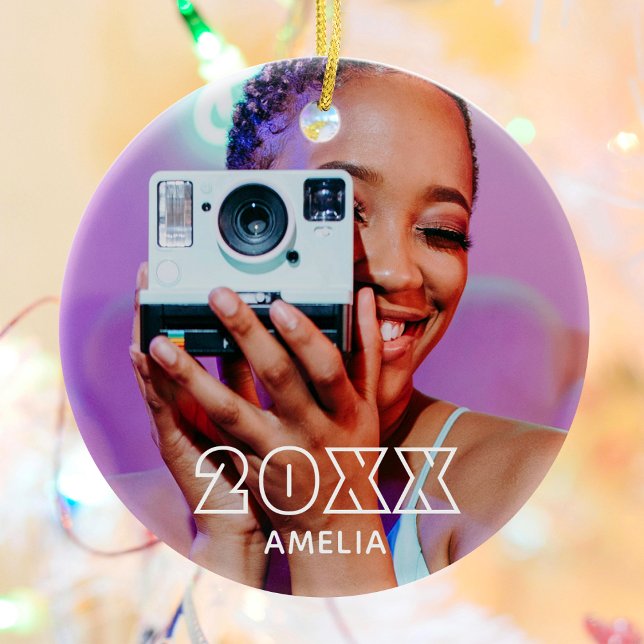 Ornamento De Cerâmica Modern 2 Photo Name Retro Christmas Holiday (Criador carregado)
