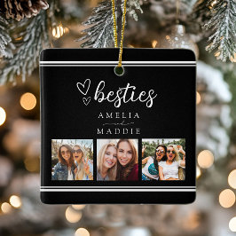 Ornamento De Cerâmica Modern 3 Photo Collage Besties Black and White 