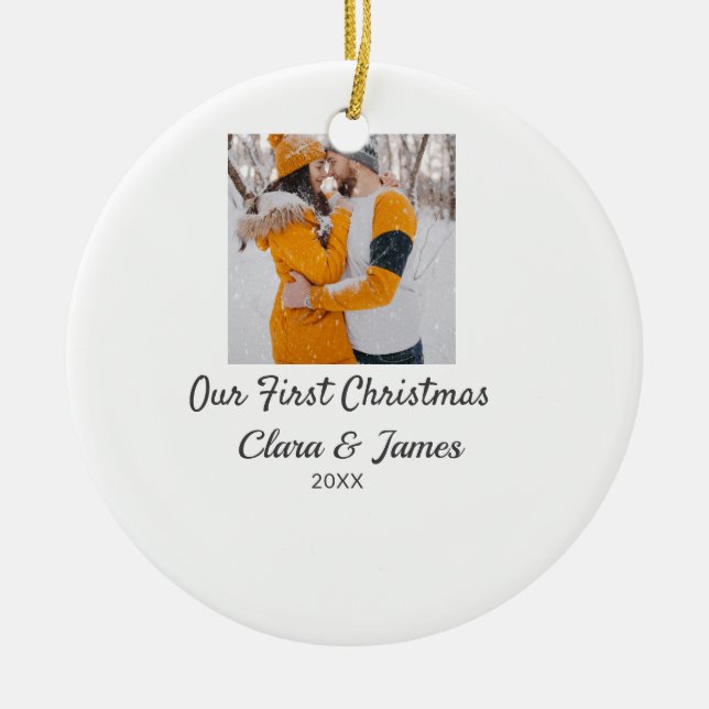 Ornamento De Cerâmica Modern boho nosso primeiro nome de casal de Natal (Frente)