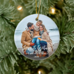Ornamento De Cerâmica Modern Brush Script Seas and Greetings Photo<br><div class="desc">Modern Brush Script Seas & Greetings Family Photo Ornament - 2 Photos - Front & Back</div>