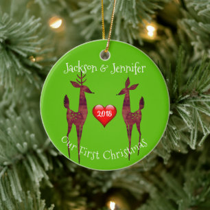 Ornamento De Cerâmica Modern Buck and Doe Our First Christmas