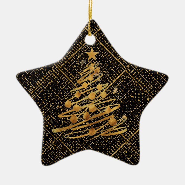 Ornamento De Cerâmica Modern, Chrismas Tree, Black Gold Cross Pattern (Frente)