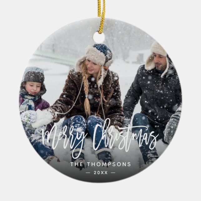 Ornamento De Cerâmica Modern Christmas Family Photo Hand Lettered (Frente)