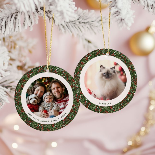 Ornamento De Cerâmica Modern Christmas Holly Foliage 2 Photos (Holly Leaf Christmas 2 photos ornament)