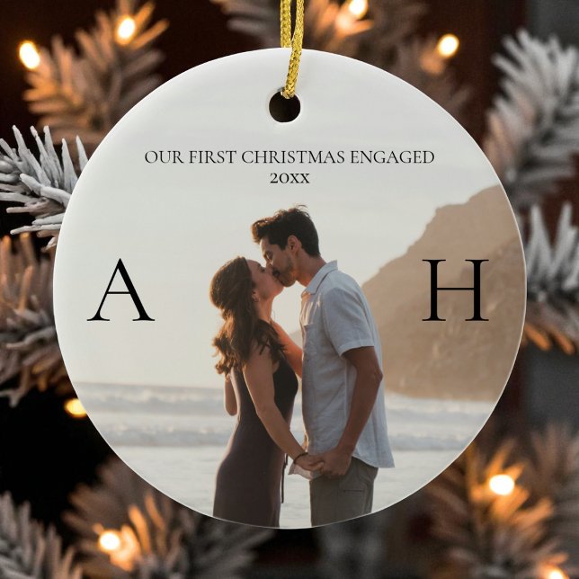 Ornamento De Cerâmica Modern Couple 2 Photo First Christmas Engaged (Modern Couple 2 Photo First Christmas Engaged Ceramic Ornament)