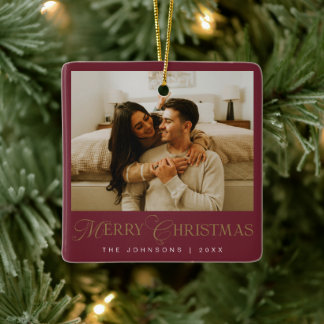 Ornamento De Cerâmica Modern Elegent Typography Red Christmas Photo