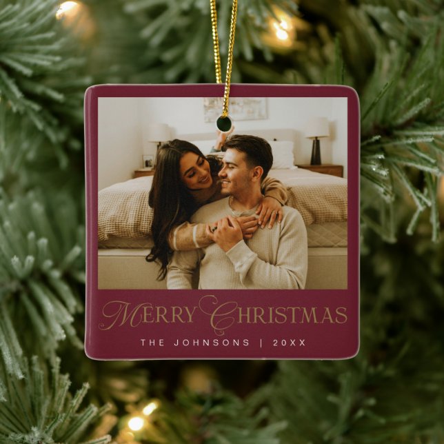 Ornamento De Cerâmica Modern Elegent Typography Red Christmas Photo (Árvore)