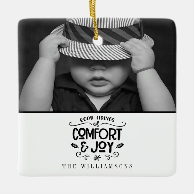 Ornamento De Cerâmica Modern Farmhouse| Foto do Natal de Gingham Negro (Frente)