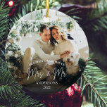 Ornamento De Cerâmica Modern First Christmas Engaged Mrs & Mr<br><div class="desc">Modern First Christmas Engaged Mrs & Mr</div>