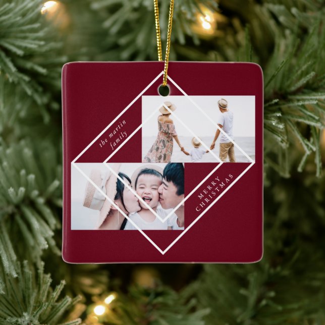 Ornamento De Cerâmica Modern Frame Burgundy Duas Fotografias Feliz Natal (Árvore)