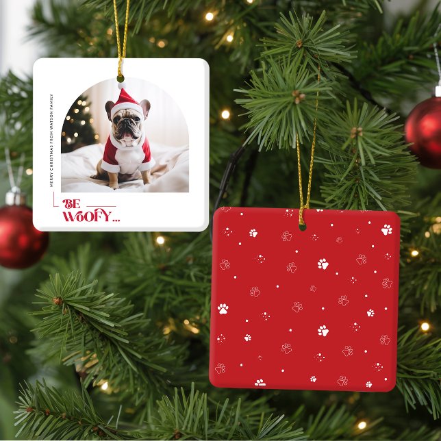 Ornamento De Cerâmica Modern Funny Family Pet Dog Arch Photo Christmas (Criador carregado)