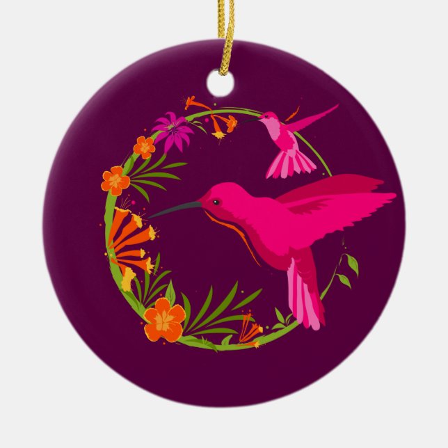 Ornamento De Cerâmica Modern Hummingbirds Pink Purple Personalized (Frente)