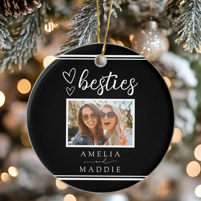 Ornamento De Cerâmica Modern Photo Besties Hearts Black and White  (Modern Photo Besties Hearts Black and White Ceramic Ornament)