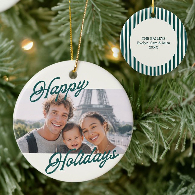 Ornamento De Cerâmica Modern Photo Happy Holidays Family Keepsake (Criador carregado)