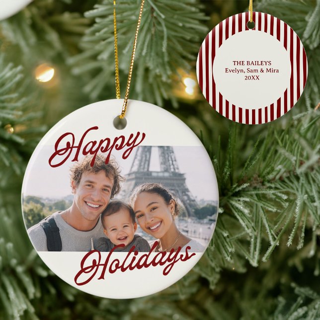 Ornamento De Cerâmica Modern Photo Happy Holidays Family Keepsake (Criador carregado)