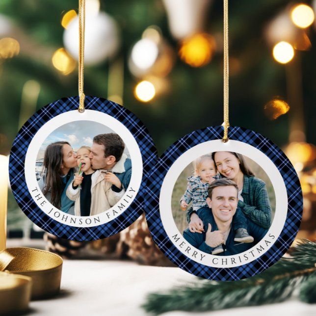 Ornamento De Cerâmica Modern Plaid Photo Christmas (Modern Plaid Photo Christmas Ceramic Ornament)