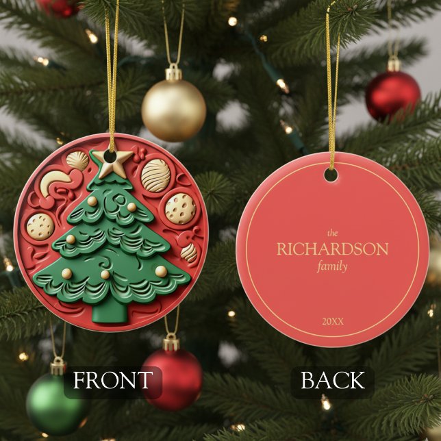 Ornamento De Cerâmica Modern Red Green Christmas Tree Ornament (cute 3D-effect trompe l'oeil red green Christmas tree ornament with customizable family name year)