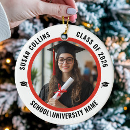 Ornamento De Cerâmica Modern Red & White Custom Photo Graduation