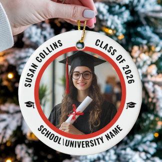 Ornamento De Cerâmica Modern Red & White Custom Photo Graduation