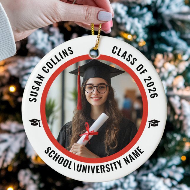 Ornamento De Cerâmica Modern Red & White Custom Photo Graduation (Criador carregado)