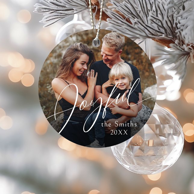 Ornamento De Cerâmica Modern Script Joyful Christmas Family Photo (Modern Script Joyful Christmas Family Photo Ceramic Ornament)