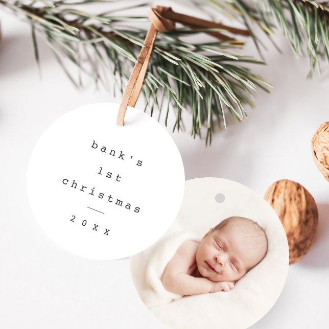 Ornamento De Cerâmica Modern Simple Baby First Christmas Baby Photo (Criador carregado)