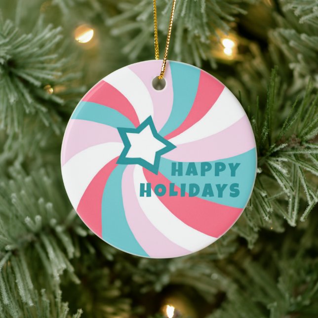 Ornamento De Cerâmica Modern Swirl HAPPY HOLIDAYS CUSTOM Green Pink (Árvore)