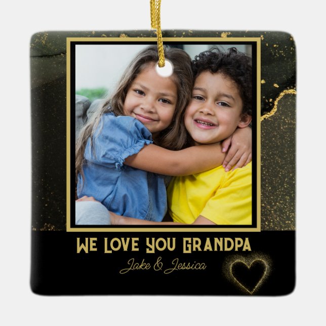 Ornamento De Cerâmica Modern We Love you Grandpa black and gold Photo (Frente)