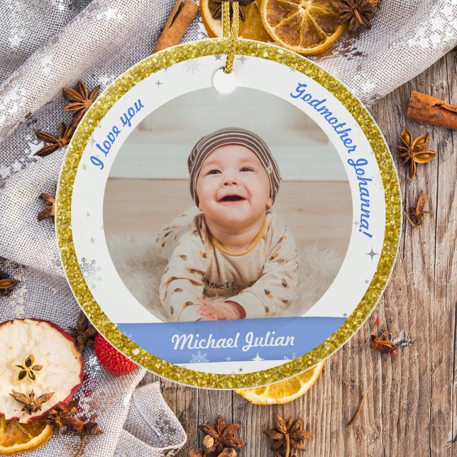 Ornamento De Cerâmica Moderno 2 Fotos Baby Boy 1 rua Madrinha de Natal (Modern Elegant Cute First Christmas Baby I love you Godmother 2 Photos  Snowflakes Stars Golden )