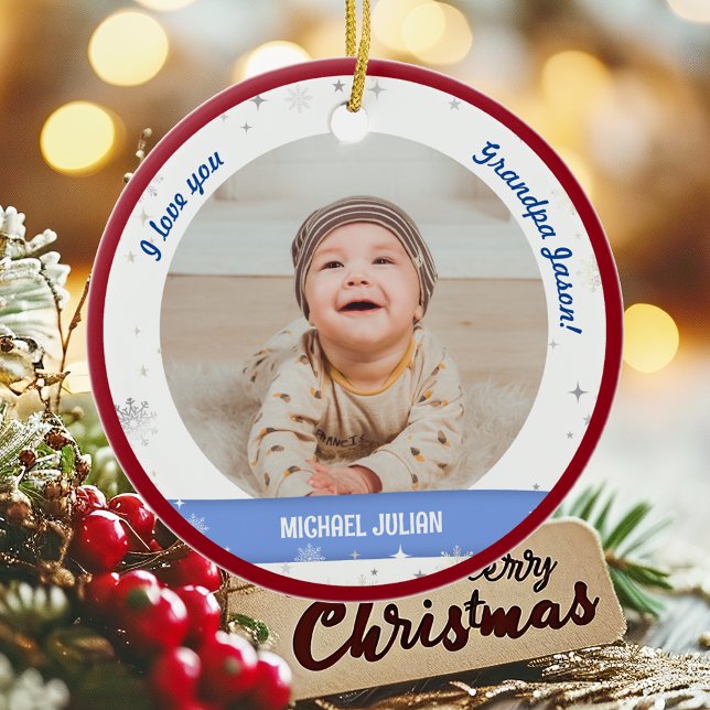 Ornamento De Cerâmica Moderno 2 Fotos Bebê Garoto Primeiro Vovô de Natal (Cute Modern Elegant Personalized First Christmas Baby I love you Grandpa Baby Boy 2 Photos Snow)