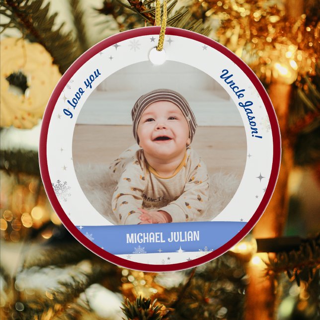 Ornamento De Cerâmica Moderno 2 Fotos Filho Menino Primeiro Tio de Natal (Cute Modern Elegant Personalized First Christmas Baby I love you Uncle Baby Boy 2 Photos Snowflakes)