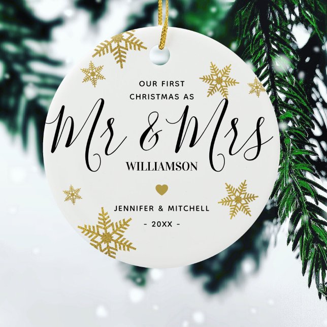 Ornamento De Cerâmica Moderno Sr. e Sra. Dourada Floco de Neve Nosso Nat (Criador carregado)