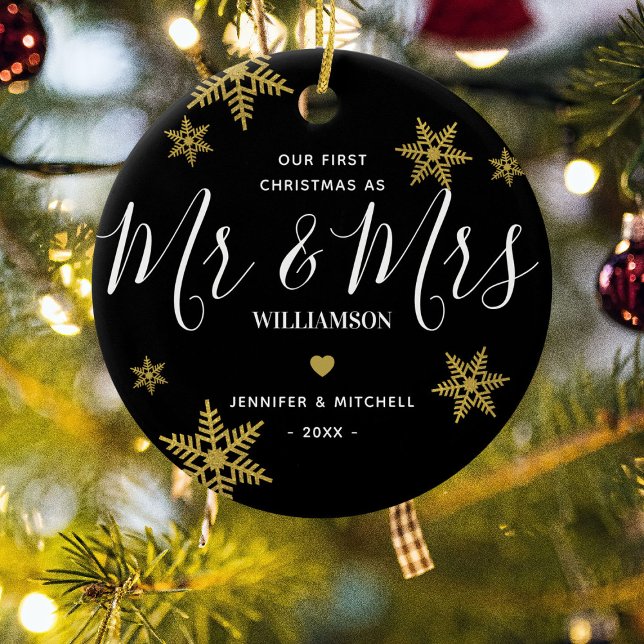 Ornamento De Cerâmica Moderno Sr. e Sra. Dourada Floco de Neve Nosso Nat (Criador carregado)