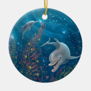 Ornamento De Cerâmica Mola d'água, Dolphin Peace e Joy Christmas