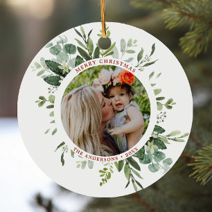 Ornamento De Cerâmica Moldura Botânica Verde de Aquarela 2 Foto Natal