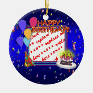 Ornamento De Cerâmica Moldura de Foto de Aniversário com Confetes