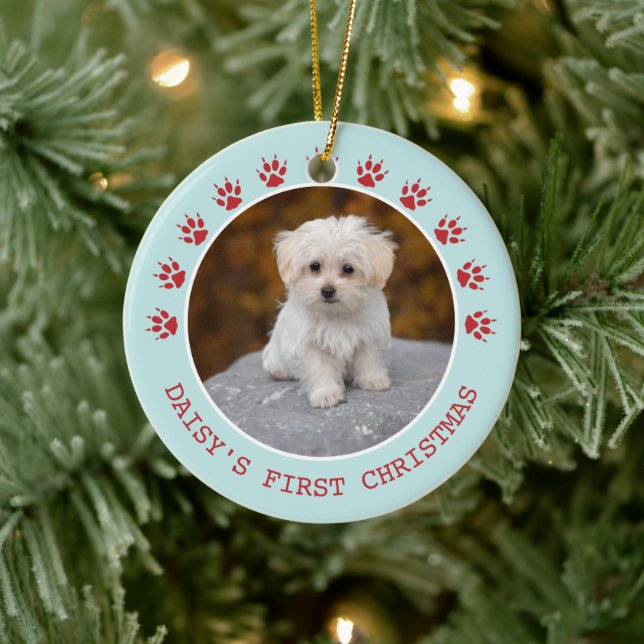 Ornamento De Cerâmica Moldura de Foto de Pegadas de Cachorro Fofo Natal (Árvore)