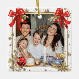 Ornamento De Cerâmica Moldura Dourada com Foto Personalizada Família ano