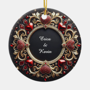 Ornamento De Cerâmica Moldura Dourada de Casamento Luxuoso Com Corações