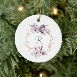 Ornamento De Cerâmica Moldura Dourada de Magnólias Rosa Branco 