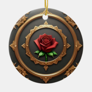 Ornamento De Cerâmica Moldura Dourada Intrincada com Rosa Vermelha