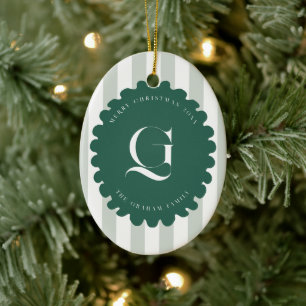 Ornamento De Cerâmica Moldura Garatuja & Listras Monograma Foto de Natal