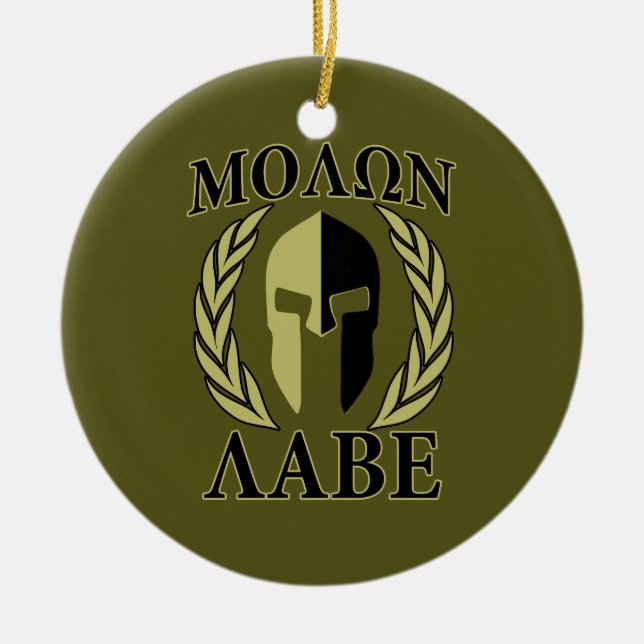 Ornamento De Cerâmica Molon Labe Spartan Mask Laurels Olive Green (Frente)