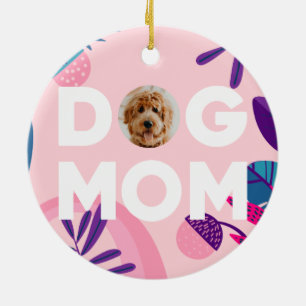 Ornamento De Cerâmica MOM DE CÃO, Foto de Pup, Flores e Folhas Rosa