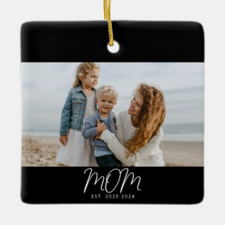 Ornamento De Cerâmica Mom Established Black White Script Photo Ceramic 