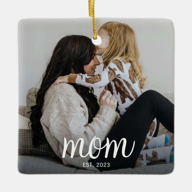 Ornamento De Cerâmica Mom Established White Script Photo (Frente)
