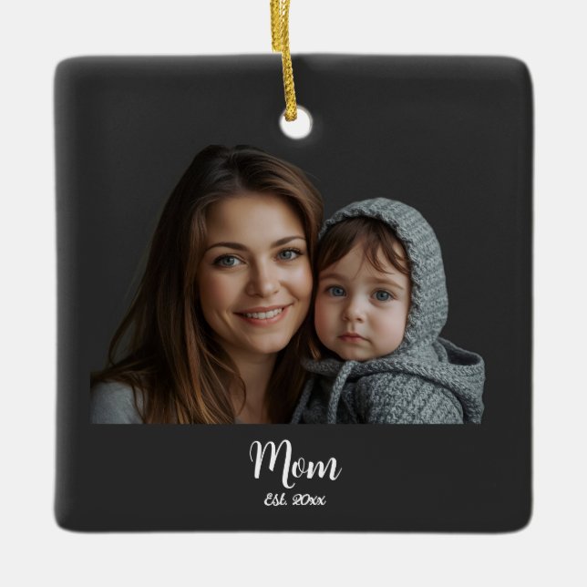 Ornamento De Cerâmica Mom Established Year Black Modern Script  (Frente)