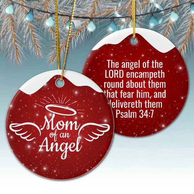 Ornamento De Cerâmica Mom of an Angel Golden Christian Christmas 👼🏻 🎄 (Mom of an Angel Psalm 34:7 Christian Christmas Religious Holiday Ceramic Ornament berry red snow 👼✞)