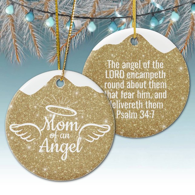 Ornamento De Cerâmica Mom of an Angel Golden Christian Christmas 👼🏻 🎄 (Custom Mom of an Angel Christian Christmas Religious Holiday Ceramic Ornament Golden snow capped 👼✞)
