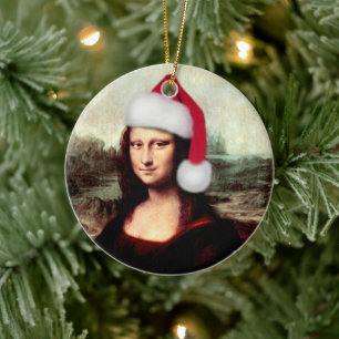 Ornamento De Cerâmica Mona Lisa Chapéu de Papai Noel Natal
